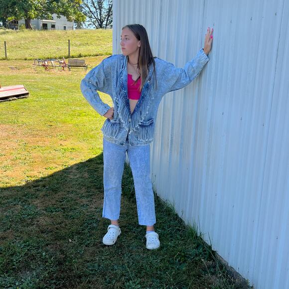 Fringe Acid Wash Denim 2 Piece Jeans Suit Vintage 90s Andiamo Womens Blue Small - Picture 15 of 16